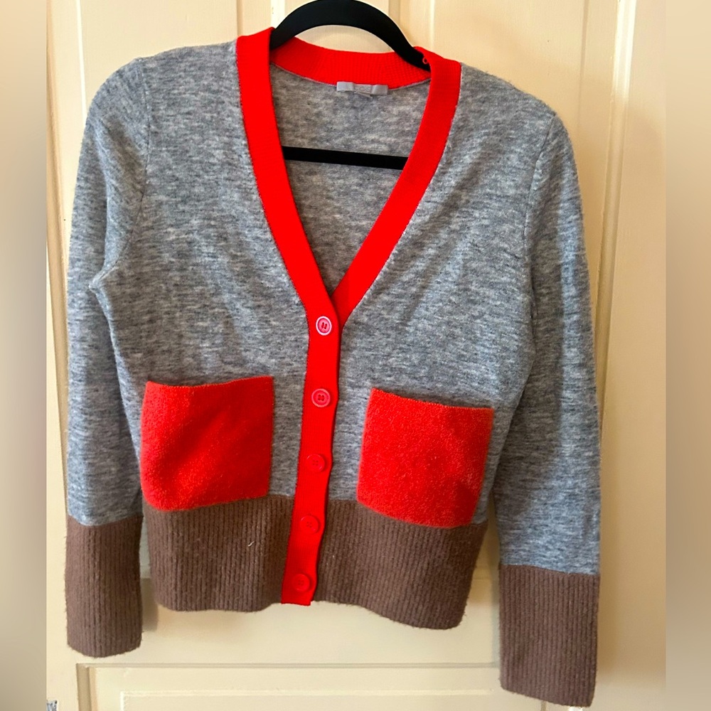 COS wool mohair bland color block cardigan sweater XS excellent red gray brown